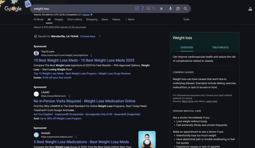 First page of Google on the keyword “weight loss.”